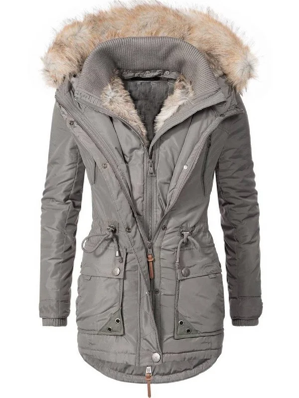 Fashion Solid Color Fur Collar Pocket Coats Warmth-Enhanced Parka