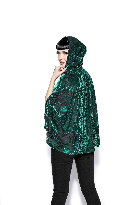 Green Baroque - Velvet Cape Warm Hooded Poncho