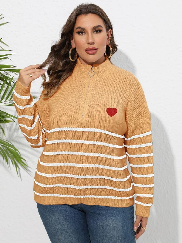 Size Inclusive Zip-Up Striped Sweater with Heart Logo Drape Front Waterfall Coat