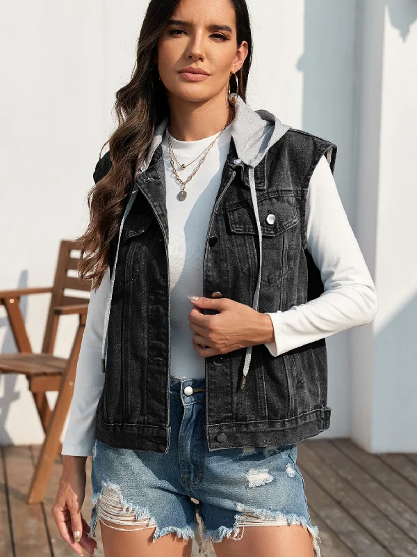 Pocketed Button Up Hooded Denim Vest Jacket Suede Fringe Jacket