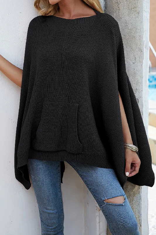 Waffle-Knit Pocketed Cape Sleeve Sweater Fur-Lined Aviator Coat