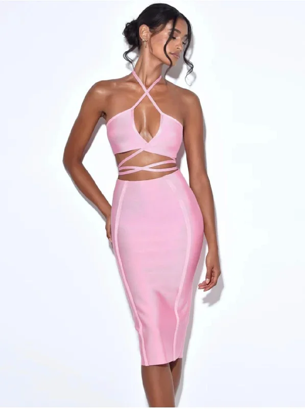 Barbie Pink Lace Up Bandage Dress With Sheer Mesh Sleeve