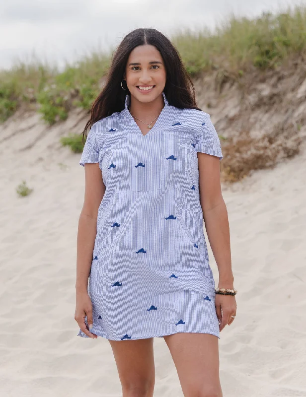 Blue Seersucker Tunic Dress with Navy Embroidered Martha's Vineyards