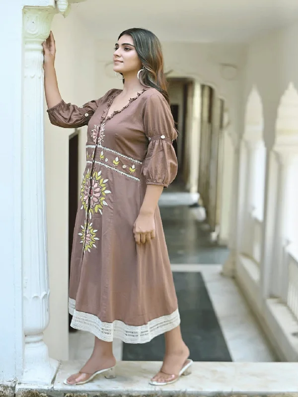 Brown Utsav Chikankari Front Open Dress