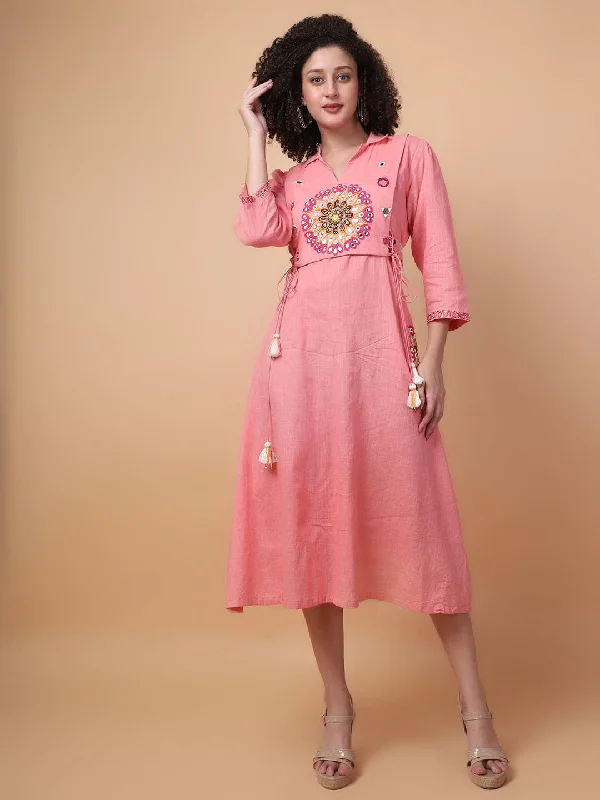 Salmon Pink Mirror Work Women Dress