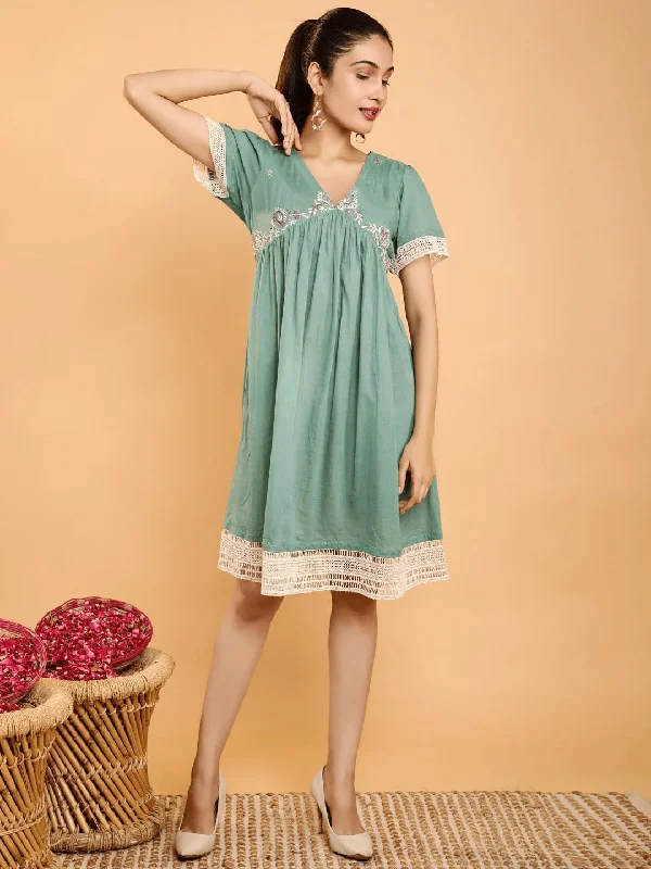 Turquoise  Khadi  Chikankari Boho Dress