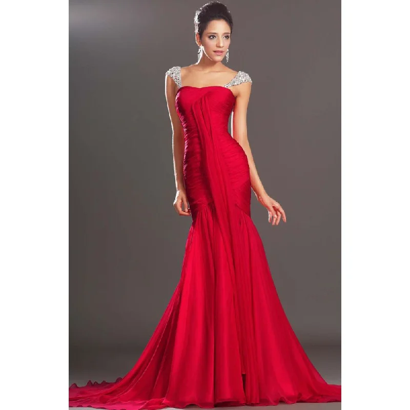 EMMY FORMAL Women's Elegant Fine Fashion Vintage Mermaid Cap Sleeve Red Formal Dress