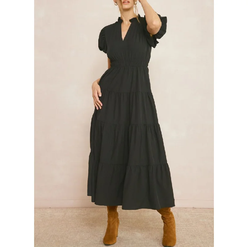 Entro - V Neck Bubble Sleeve Tiered Dress - Black