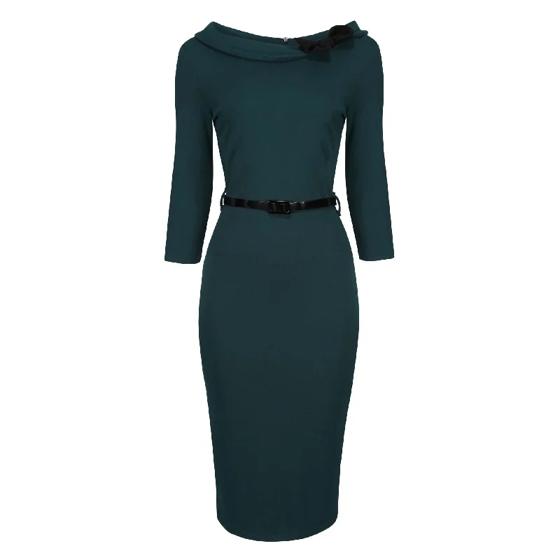 Forest Green Black Belted Bow Pencil Dress
