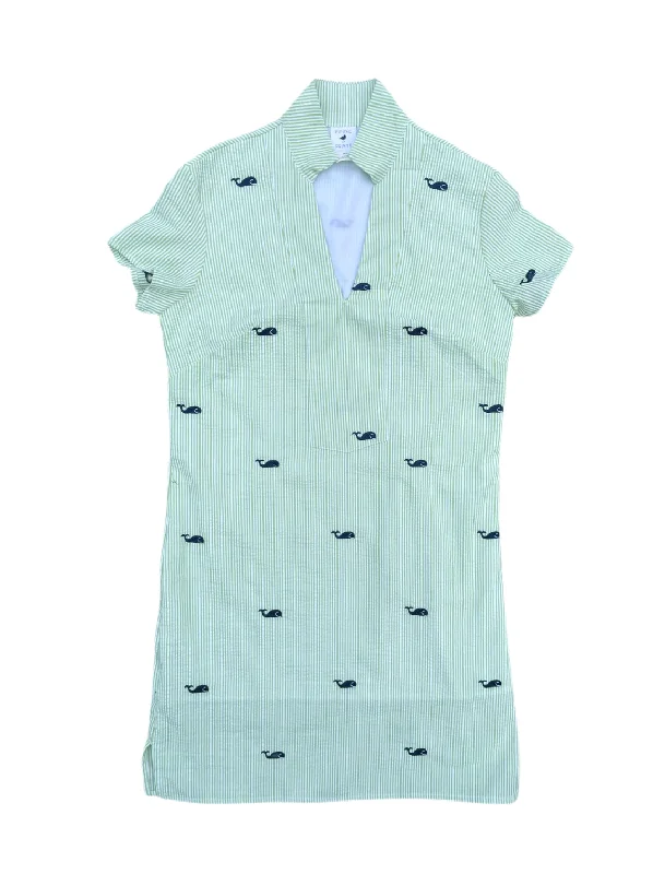 Green Seersucker Tunic Dress with Navy Embroidered Whales