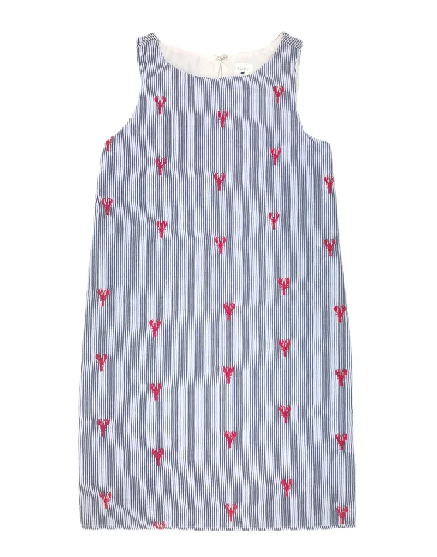 Navy Women's Seersucker Dress with Red Embroidered Lobsters