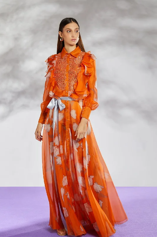 Collared printed dress with ruffles