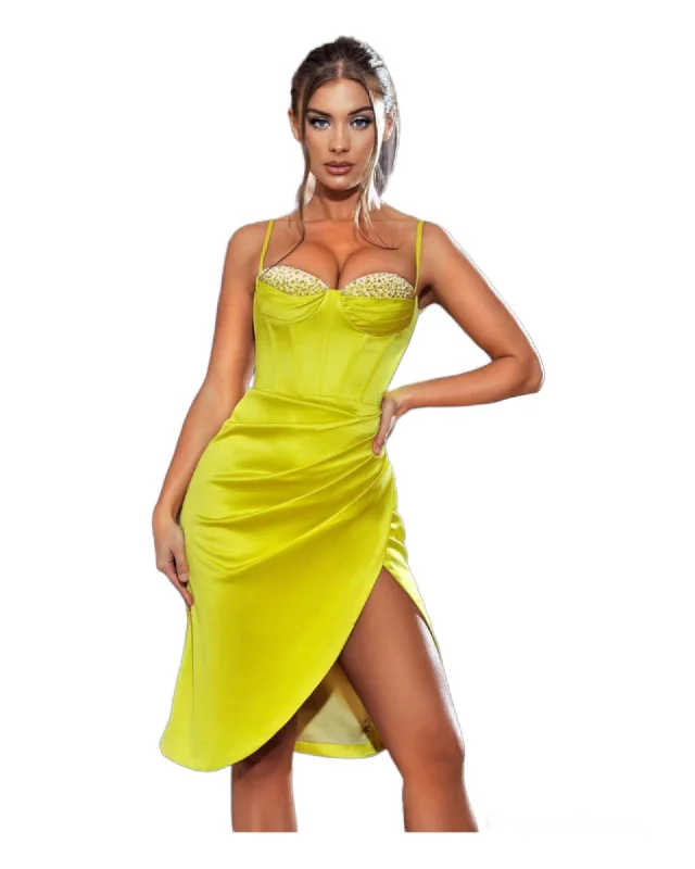 Lemon Satin Corset Dress with Crystals