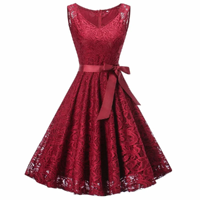 LIONESS FASHION Women's Elegant Vintage V-Neck Belted Lace Burgundy Red Dress