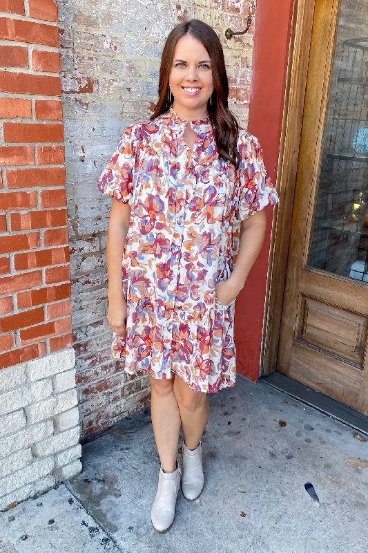 Meet Me in the Middle Ruffle Printed Burgundy Dress