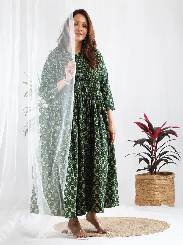 Miraya Ajrakh Work Pure Cotton Green Dress