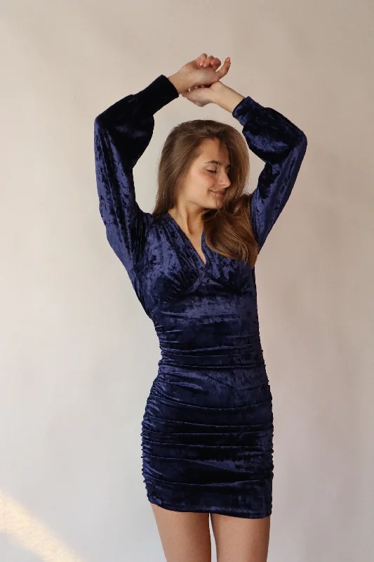 NAVY ROUCHED VELVET DRESS