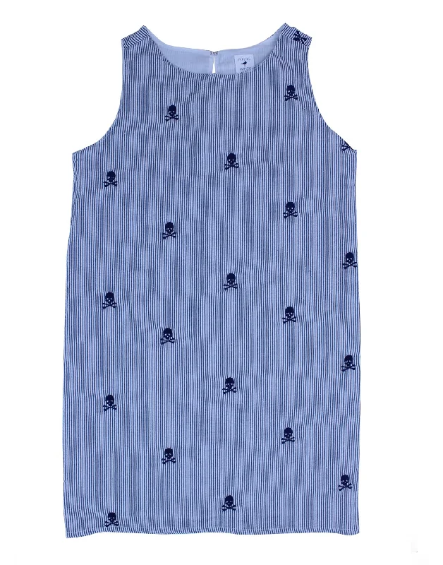 Indigo Seersucker Women's Dress with Navy Embroidered Pirate Skulls