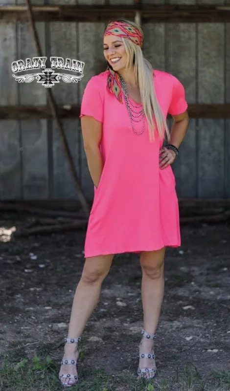 Neon Pink Druzzy Pocket Dress