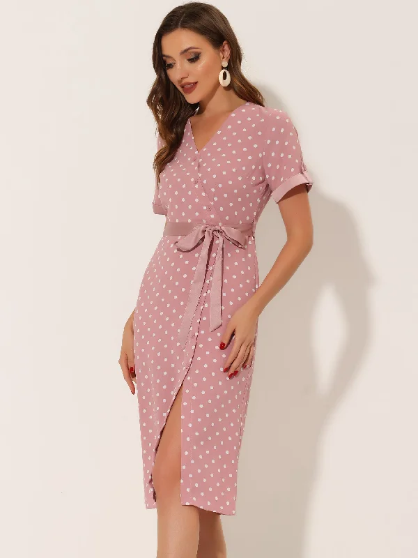 Polka Dots V Neck Split Button Decor Belted Summer Dress