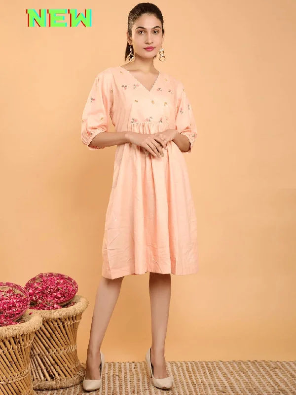 Peach Khadi Boho Chikankari Dress