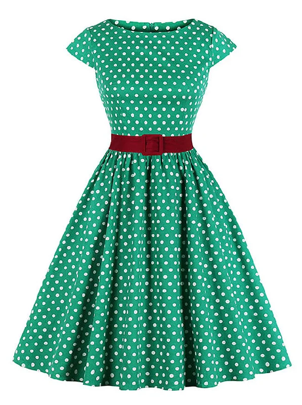Polka Dots Bateau Neck Cap Sleeve Belted Cocktail A-line Dress