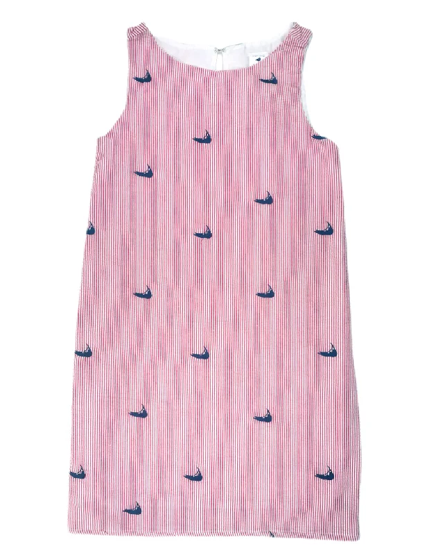 Red Seersucker Women's Dress with Navy Embroidered Nantuckets