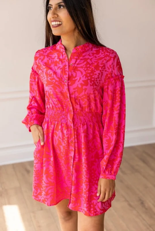 Rosy Fusion Button Down Dress, Red and Pink