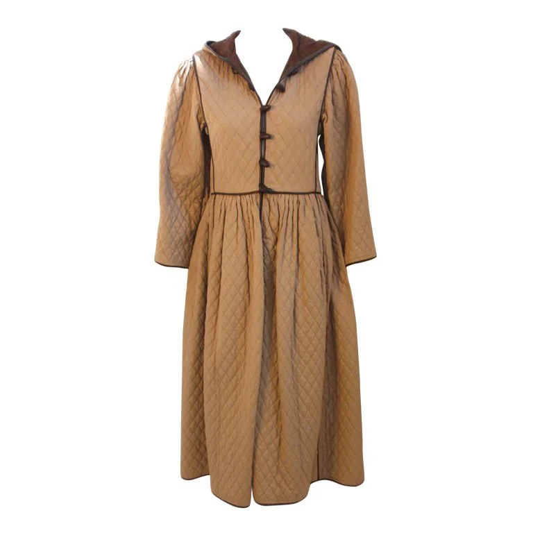 YVES SAINT LAURENT 1980s Khaki Quilted Toggle Coat Dress
