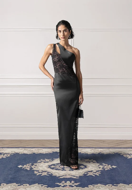 Satin and Lace Midaxi Dress - Black