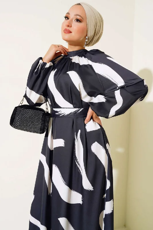 Brush Patterned Belted Satin Dress