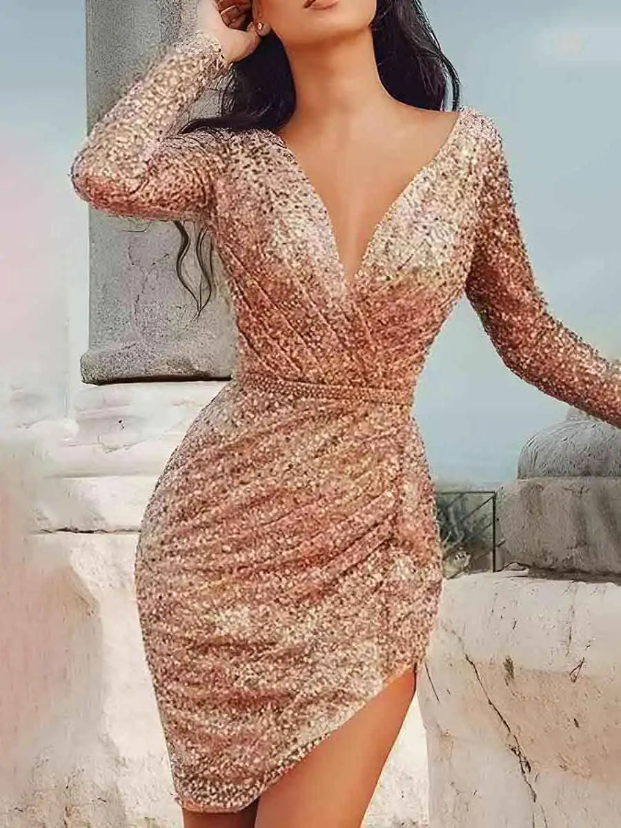 Long-sleeved Sexy Slim Fit Sparkly V Neck Dress